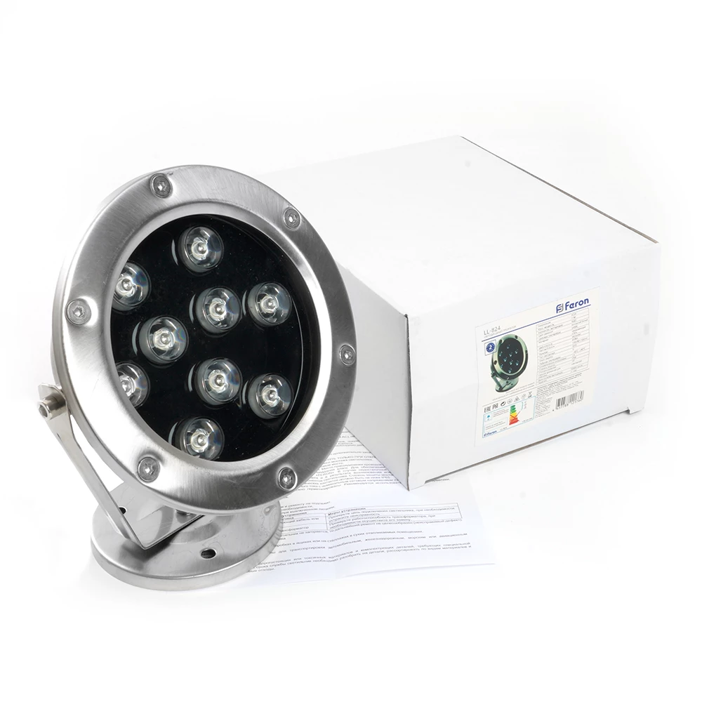 Светодиодный прожектор подводный Feron LL-824, 9W, AC/DC24V, низковольтный, 6400K, металлик, 143*75*170mm, IP68 (48458) - Viokon.com