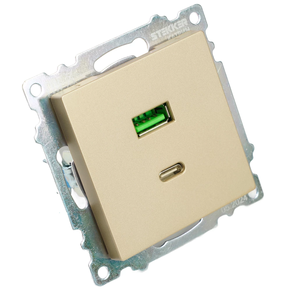 Розетка 2-местная USB + type C (механизм), 250В, 3А, max 20W, STEKKER, GLS10-7116-08, серия Катрин, золото (50053) - Viokon.com