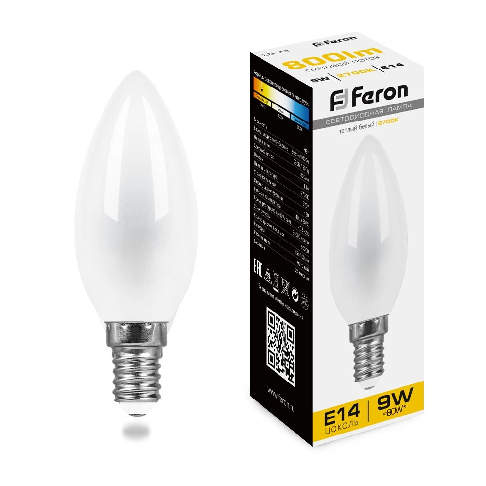 Лампа светодиодная Feron LB-73 Свеча E14 9W 230V 2700K (25955) - Viokon.com