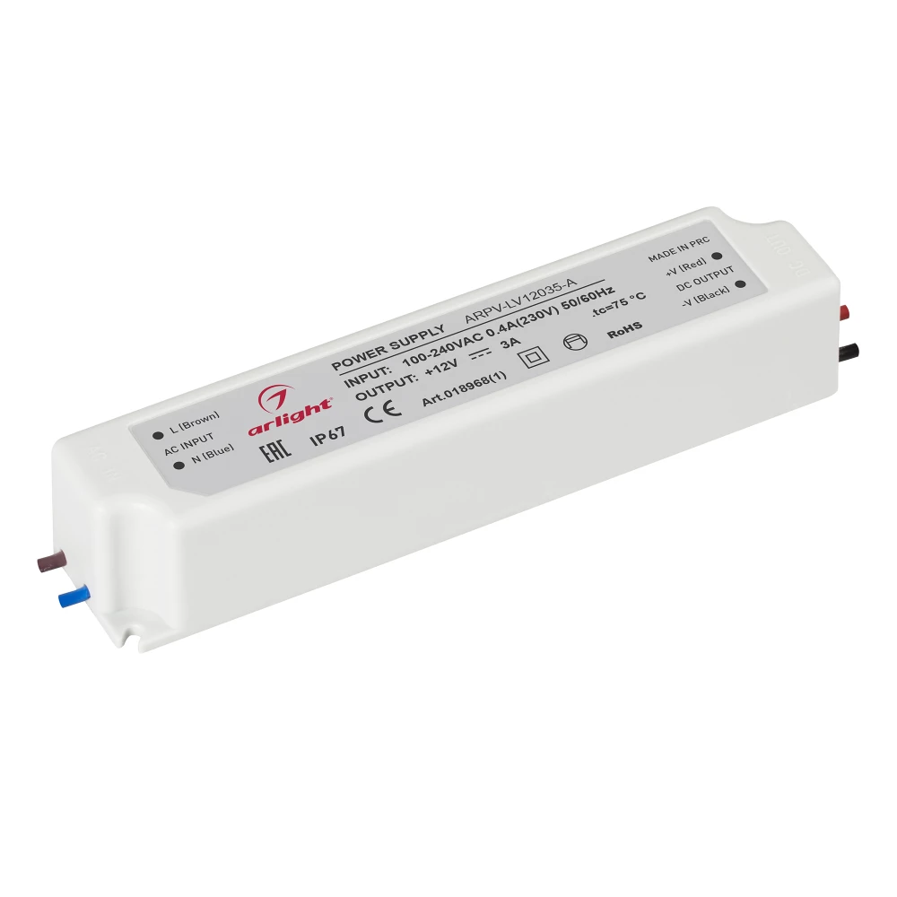 Блок питания ARPV-LV12035-A (12V, 3.0A, 36W) (Arlight, IP67 Пластик, 3 года) 018968(1) - Viokon.com