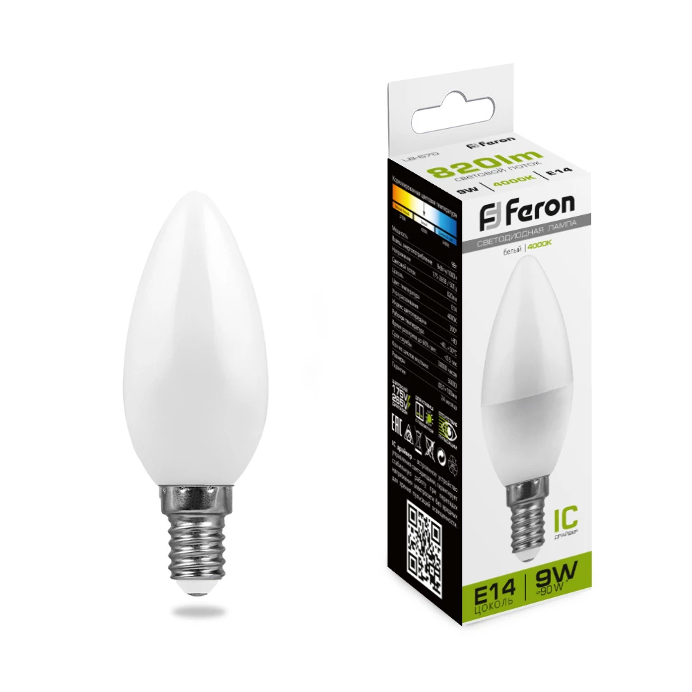 Лампа светодиодная Feron LB-570 Свеча E14 9W 175-265V 4000K (25799) - Viokon.com