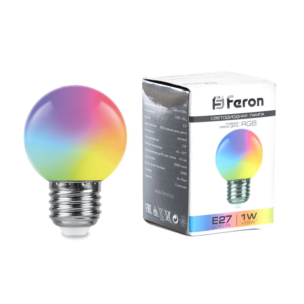 Лампа светодиодная Feron LB-37 Шарик матовый E27 1W 230V RGB плавная сменая цвета (38116) - Viokon.com