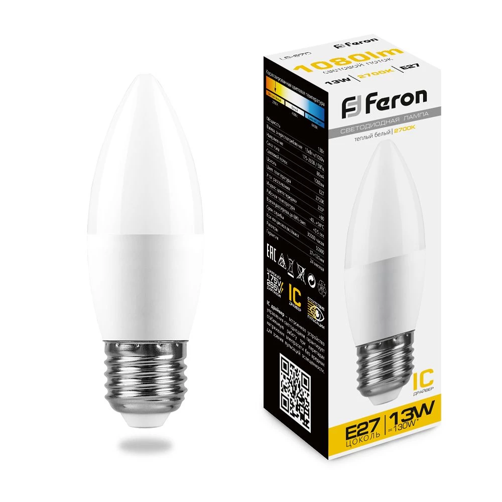 Лампа светодиодная Feron LB-970 Свеча E27 13W 175-265V 2700K (38110) - Viokon.com