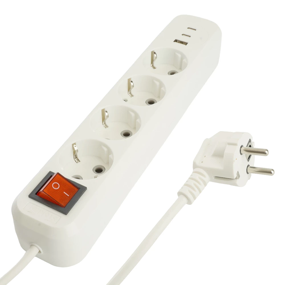 Удлинитель 4-местный с/з с выключ. STEKKER HM071-41-02 3x1мм2, 2м, 250В, 16А, 1USB+2C, 2.4A, сер Home, белый (50139) - Viokon.com