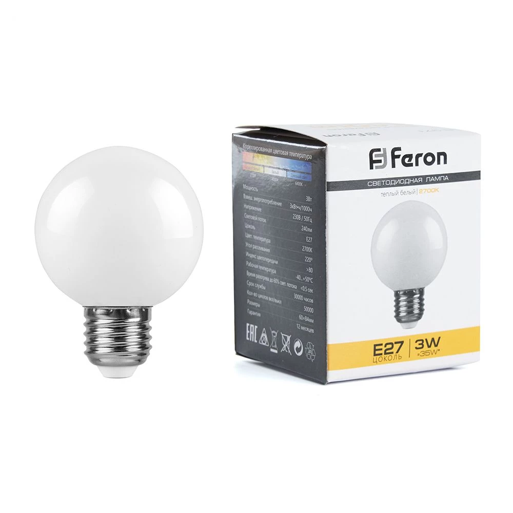 Лампа светодиодная Feron LB-371 Шар E27 3W 230V 2700K матовый (25903) - Viokon.com
