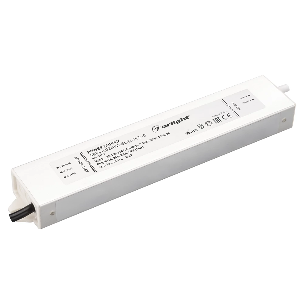 Блок питания ARPV-LG24060-SLIM-PFC-D (24V, 2.5A, 60W) (Arlight, IP67 Металл, 5 лет) 031720 - Viokon.com