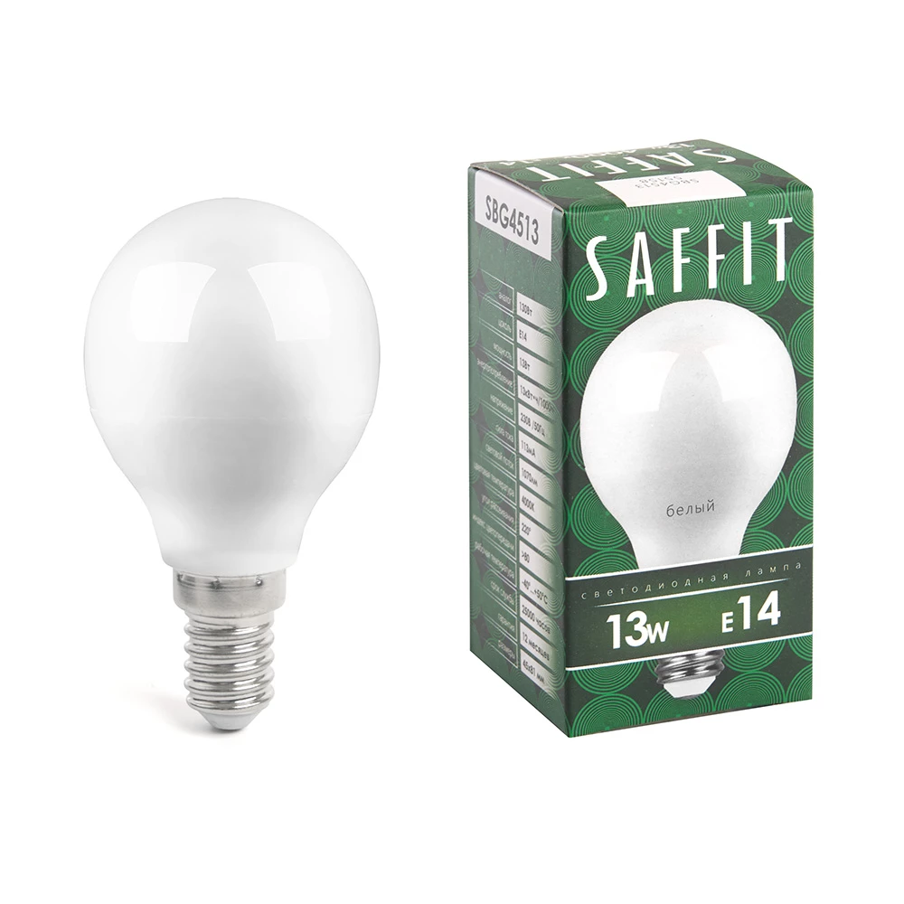 Лампа светодиодная SAFFIT SBG4513 Шарик E14 13W 230V 4000K (55158) - Viokon.com