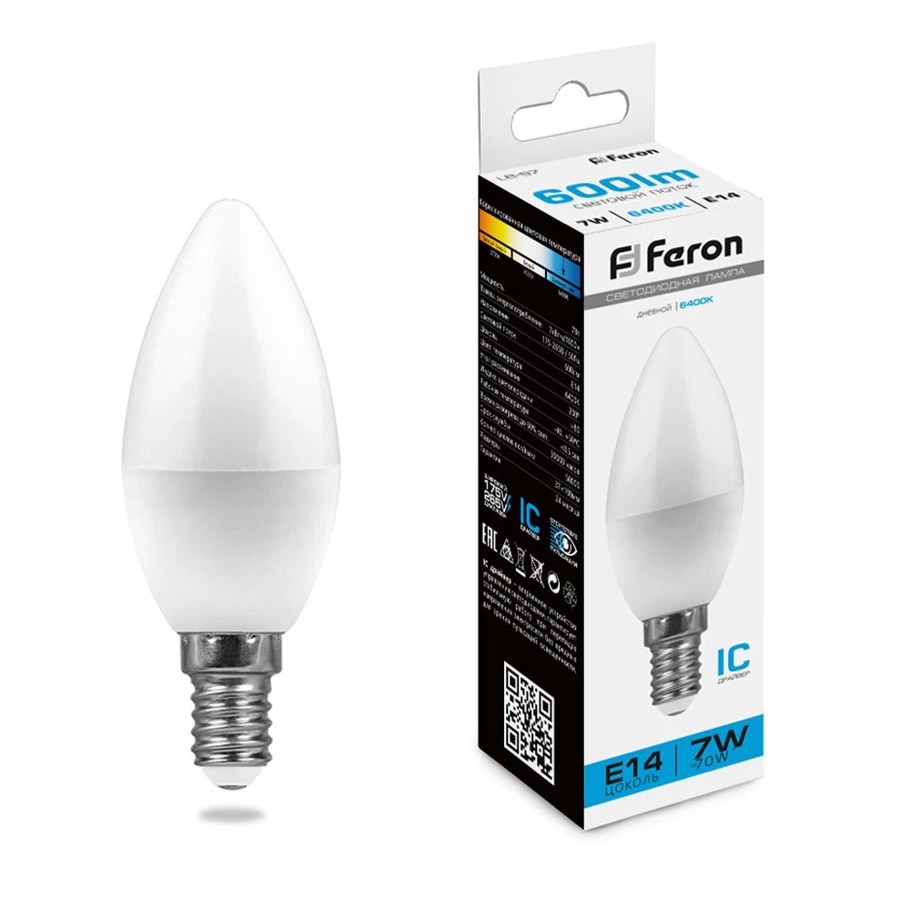 Лампа светодиодная Feron LB-97 Свеча E14 7W 175-265V 6400K (25477) - Viokon.com