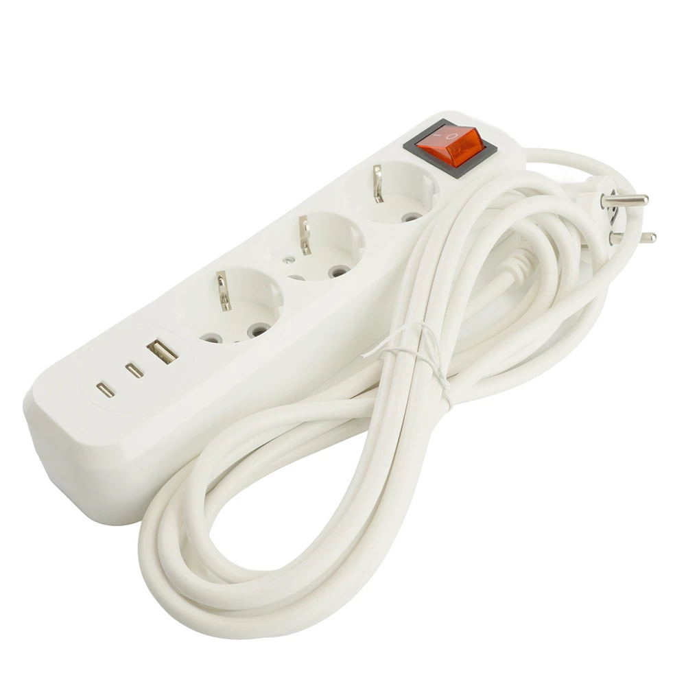 Удлинитель 3-местный с/з с выключ. STEKKER HM071-31-05 3x1мм2, 5м, 250В, 16А, 1USB+2C, 2.4A, сер Home, белый (50138) - Viokon.com