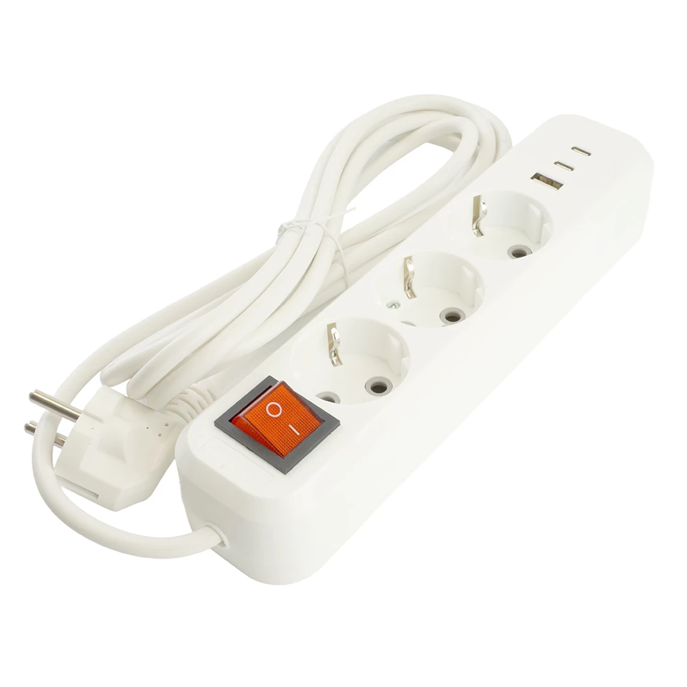 Удлинитель 3-местный с/з с выключ. STEKKER HM071-31-05 3x1мм2, 5м, 250В, 16А, 1USB+2C, 2.4A, сер Home, белый (50138) - Viokon.com