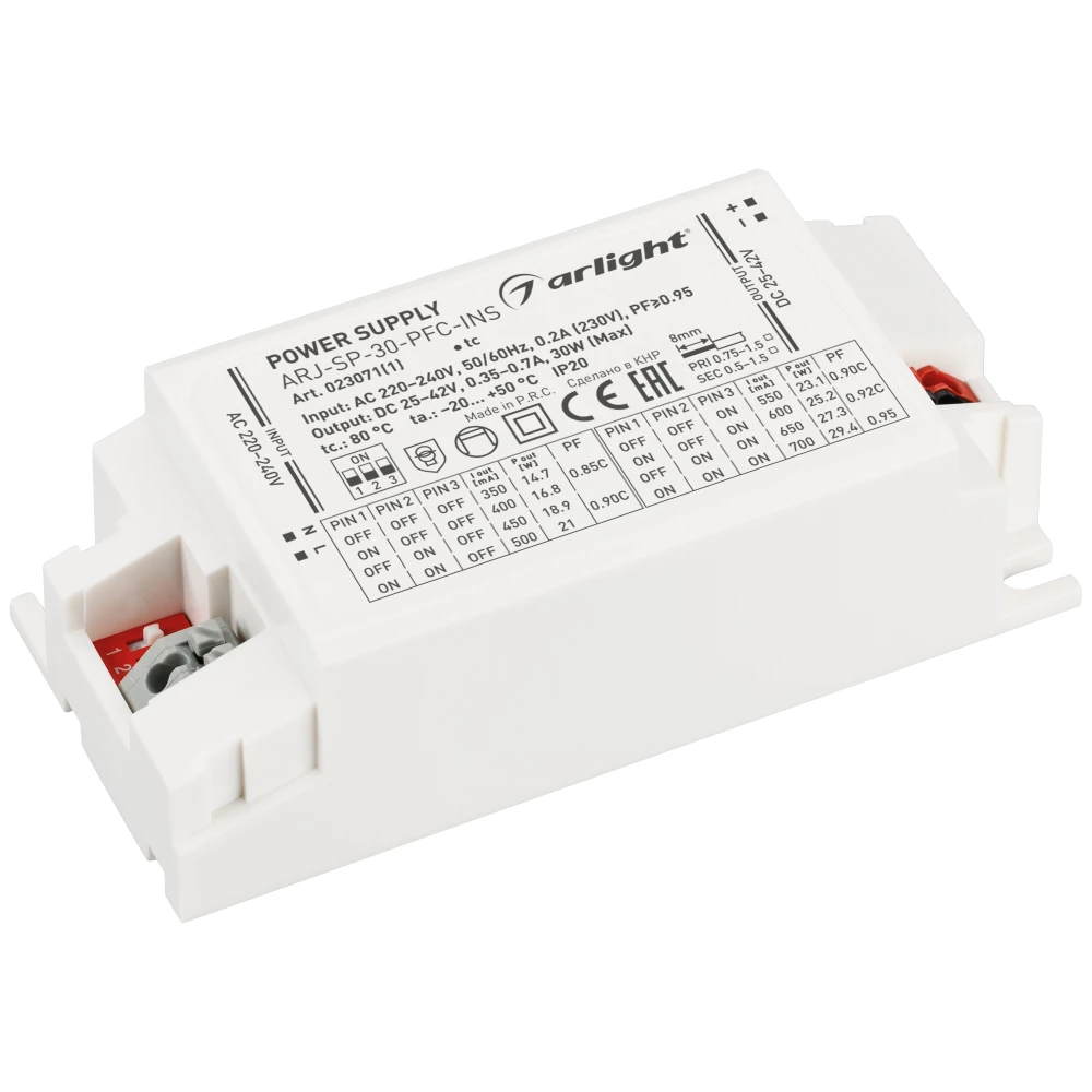 Блок питания ARJ-SP-30-PFC-INS (30W, 25-42V, 0.35-0.7A) (Arlight, IP20 Пластик, 5 лет) 023071(1) - Viokon.com