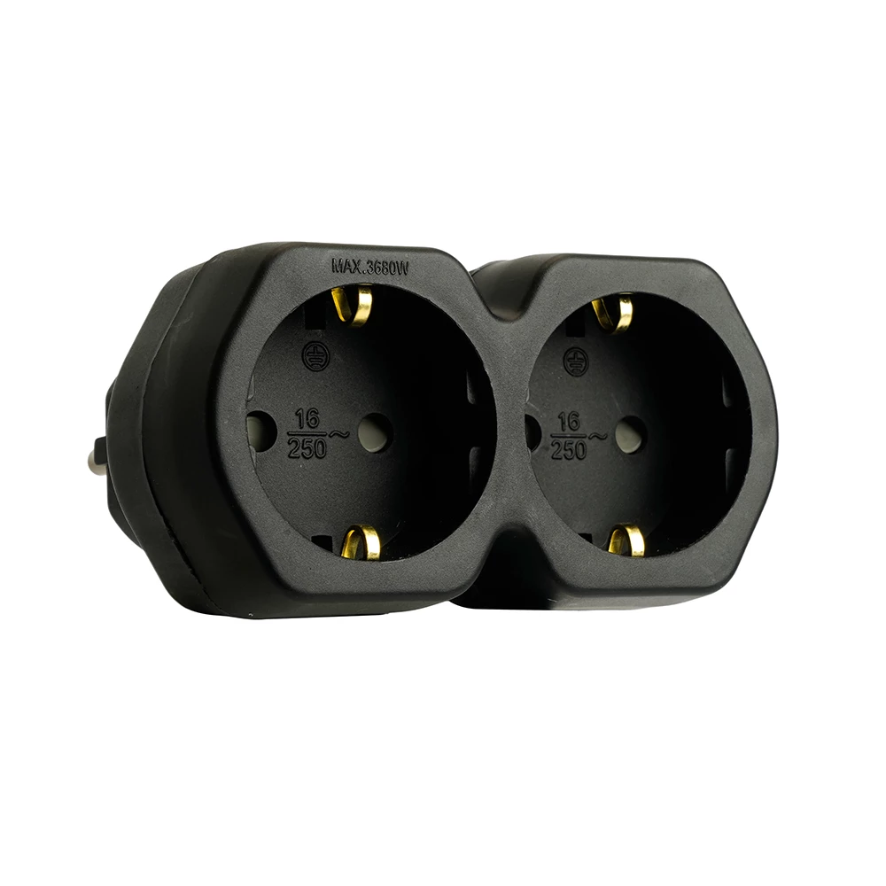 Разветвитель сетевой 2-местный с/з STEKKER ADP16-12-21, 250V,16A, ABS огнеустойчивый пластик, черный (50107) - Viokon.com