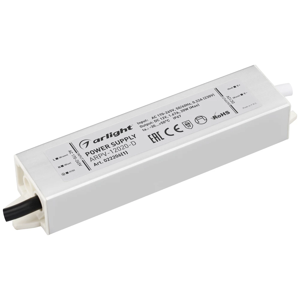 Блок питания ARPV-12020-D (12V, 1.7A, 20W) (Arlight, IP67 Металл, 3 года) 022206(1) - Viokon.com