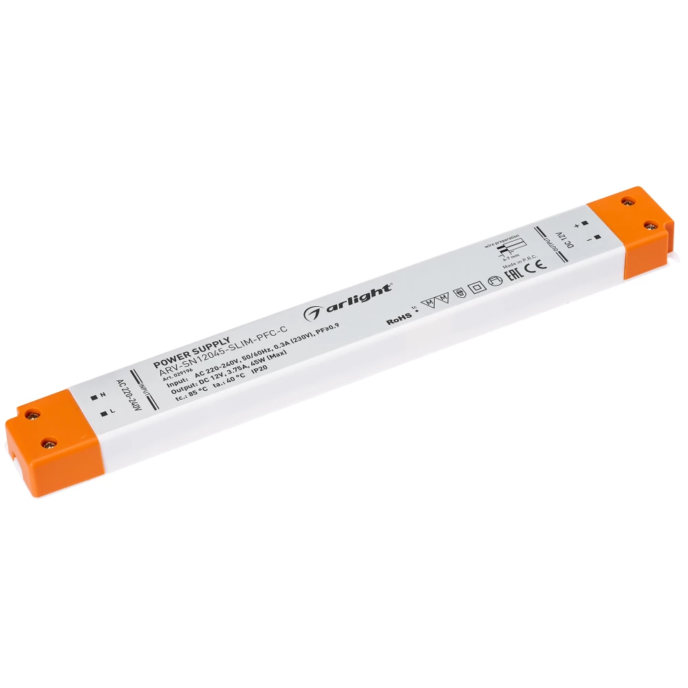 Блок питания ARV-SN12045-SLIM-PFC-C (12V, 3.75A, 45W) (Arlight, IP20 Пластик, 3 года) 029196 - Viokon.com