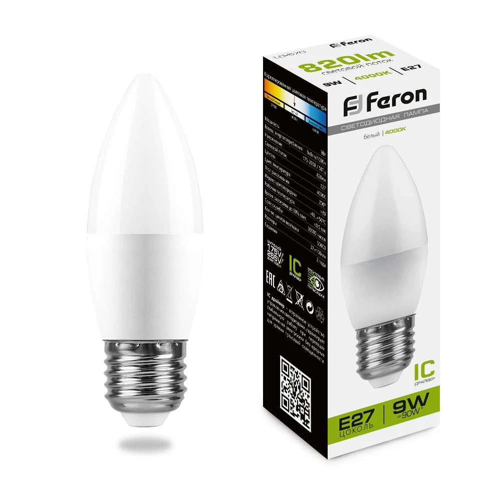 Лампа светодиодная Feron LB-570 Свеча E27 9W 175-265V 4000K (25937) - Viokon.com