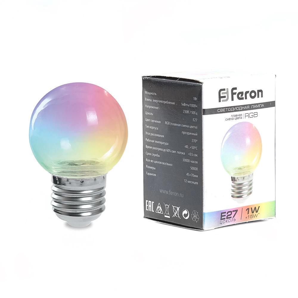 Лампа светодиодная Feron LB-371 Шар прозрачный E27 3W RGB быстрая смена цвета (38130) - Viokon.com