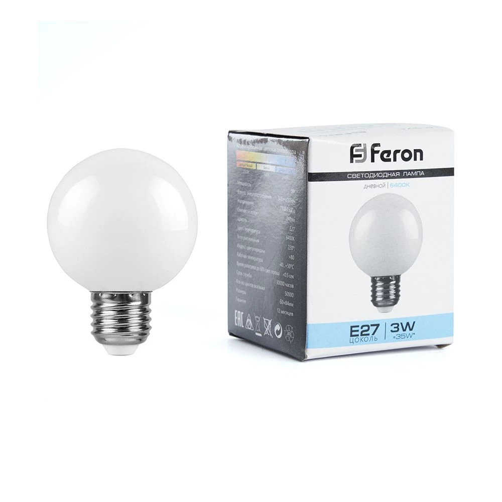 Лампа светодиодная Feron LB-371 Шар E27 3W 230V 6400K матовый (25902) - Viokon.com